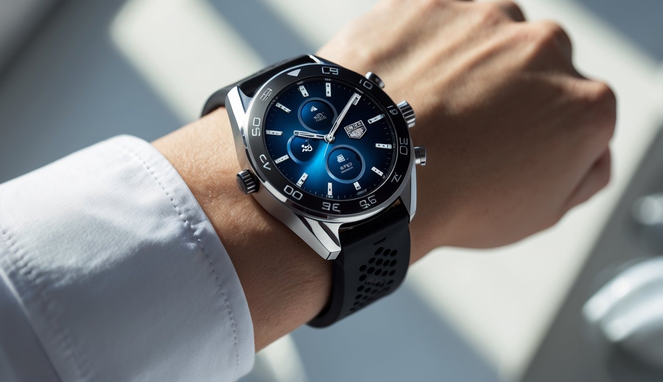 Jam tangan pintar TAG Heuer Connected dengan desain premium di pergelangan tangan.