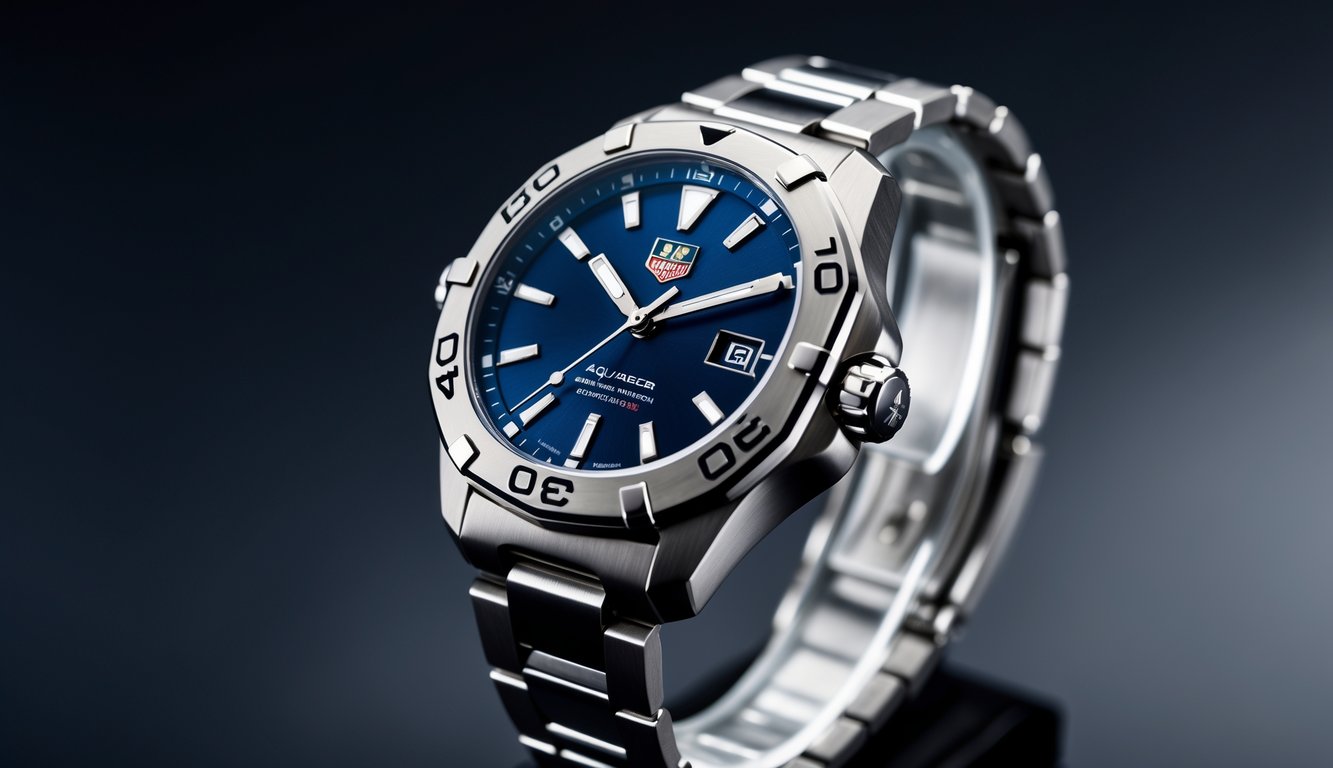Jam tangan TAG Heuer Aquaracer otomatis dengan tali logam dan dial biru diletakkan di atas permukaan hitam reflektif.
