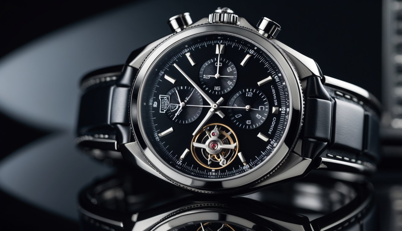 Jam tangan mewah TAG Heuer dengan mekanisme tourbillon yang terlihat, dipajang di latar belakang gelap.