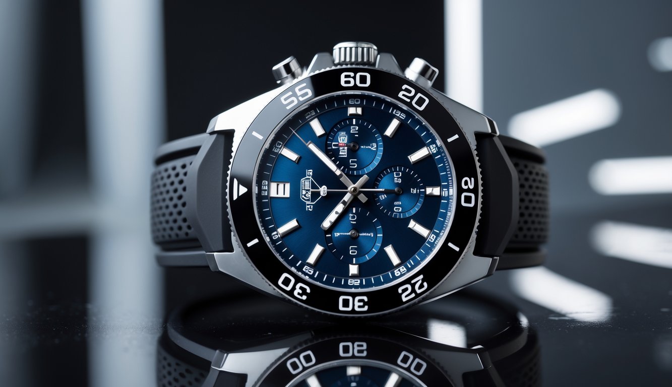 Jam tangan olahraga mewah TAG Heuer dengan desain modern dan tali hitam diletakkan di permukaan reflektif dengan latar belakang kota futuristik kabur.