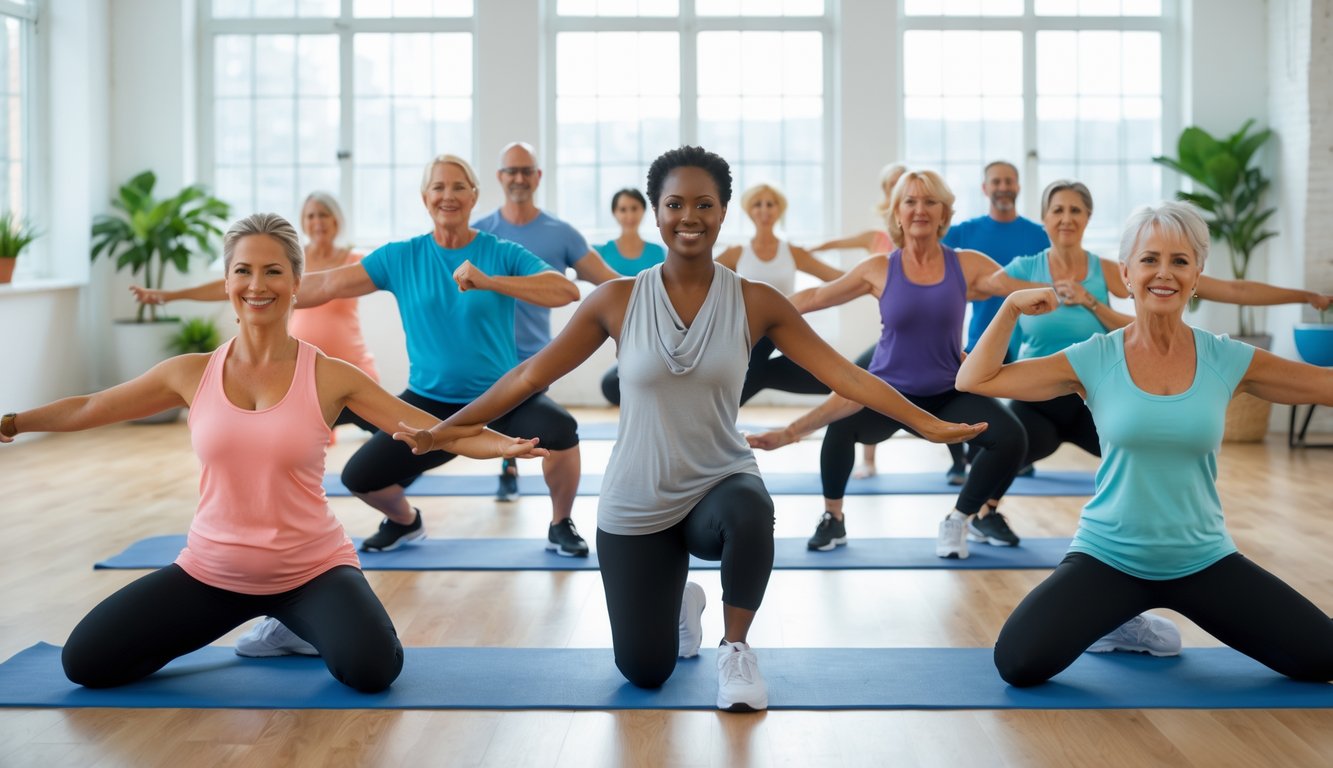 Sekelompok orang dewasa sedang mengikuti kelas senam kesehatan di dalam ruangan yang terang dan luas.