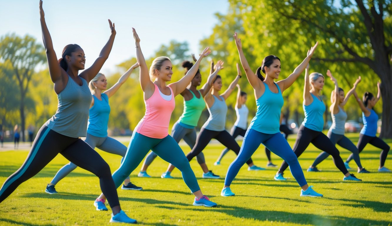 Sekelompok orang beragam usia melakukan senam kesehatan pemula di taman terbuka dengan latar pohon hijau dan langit cerah.