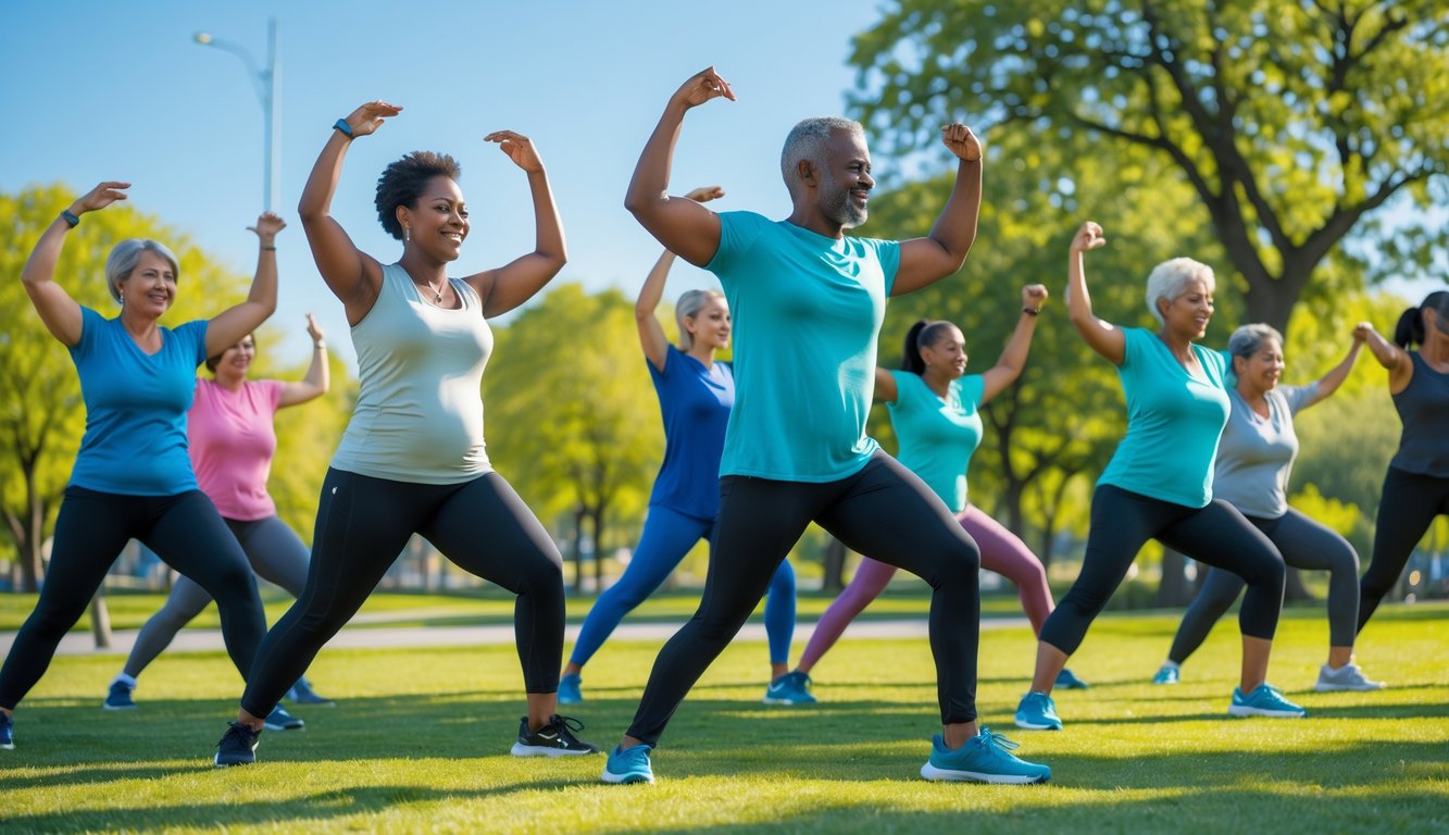 Sekelompok orang dewasa melakukan gerakan senam kesehatan di taman dengan latar belakang pepohonan hijau dan langit cerah.