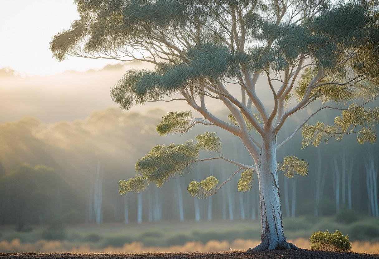 A tall eucalyptus tree with silvery-green leaves in a misty forest with soft sunlight filtering through.