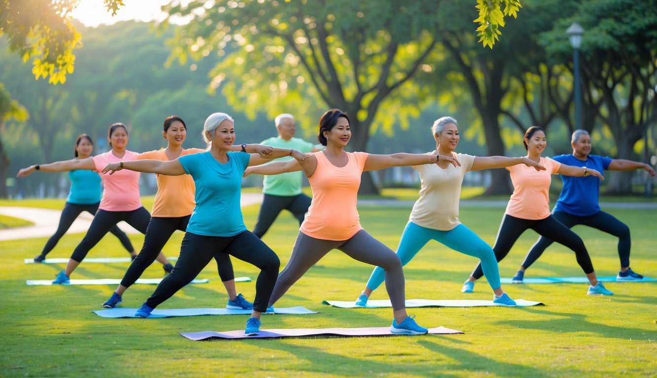 Sekelompok orang dewasa sedang melakukan senam kesehatan jasmani di taman terbuka dengan latar belakang pepohonan dan langit cerah.