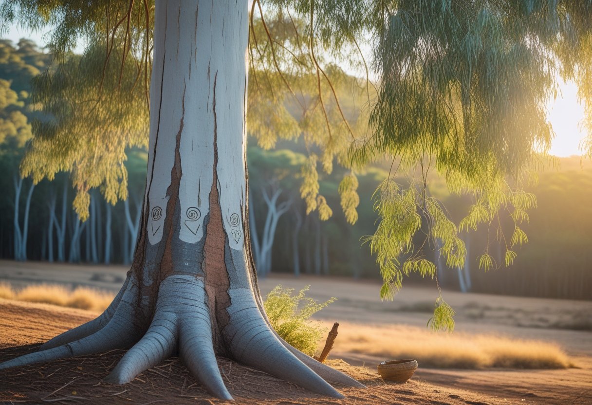 A tall eucalyptus tree with smooth peeling bark and green leaves in a sunlit forest clearing, evoking a peaceful and spiritual atmosphere.
