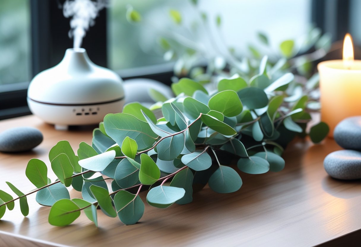 Close-up of eucalyptus branches with green leaves on a wooden surface next to a diffuser, stones, and a lit candle.