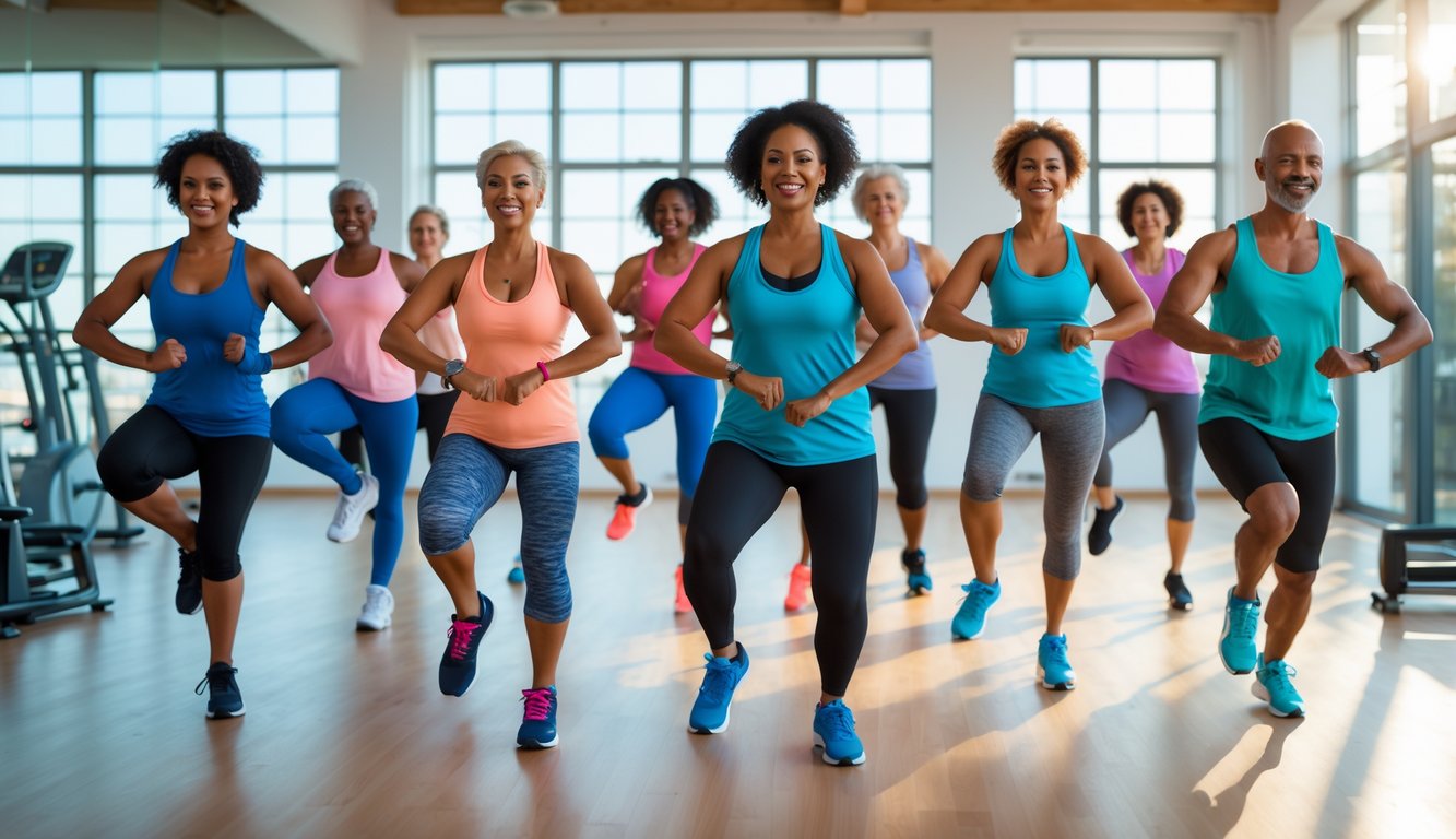 Sekelompok orang dewasa sedang melakukan senam kebugaran bersama di sebuah ruang gym yang terang dan luas.