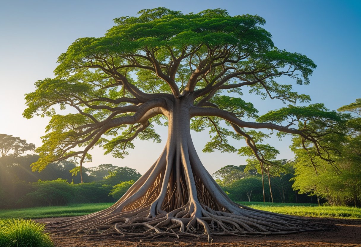 A large banyan tree with aerial roots extending to the ground in a peaceful natural setting under a clear sky.