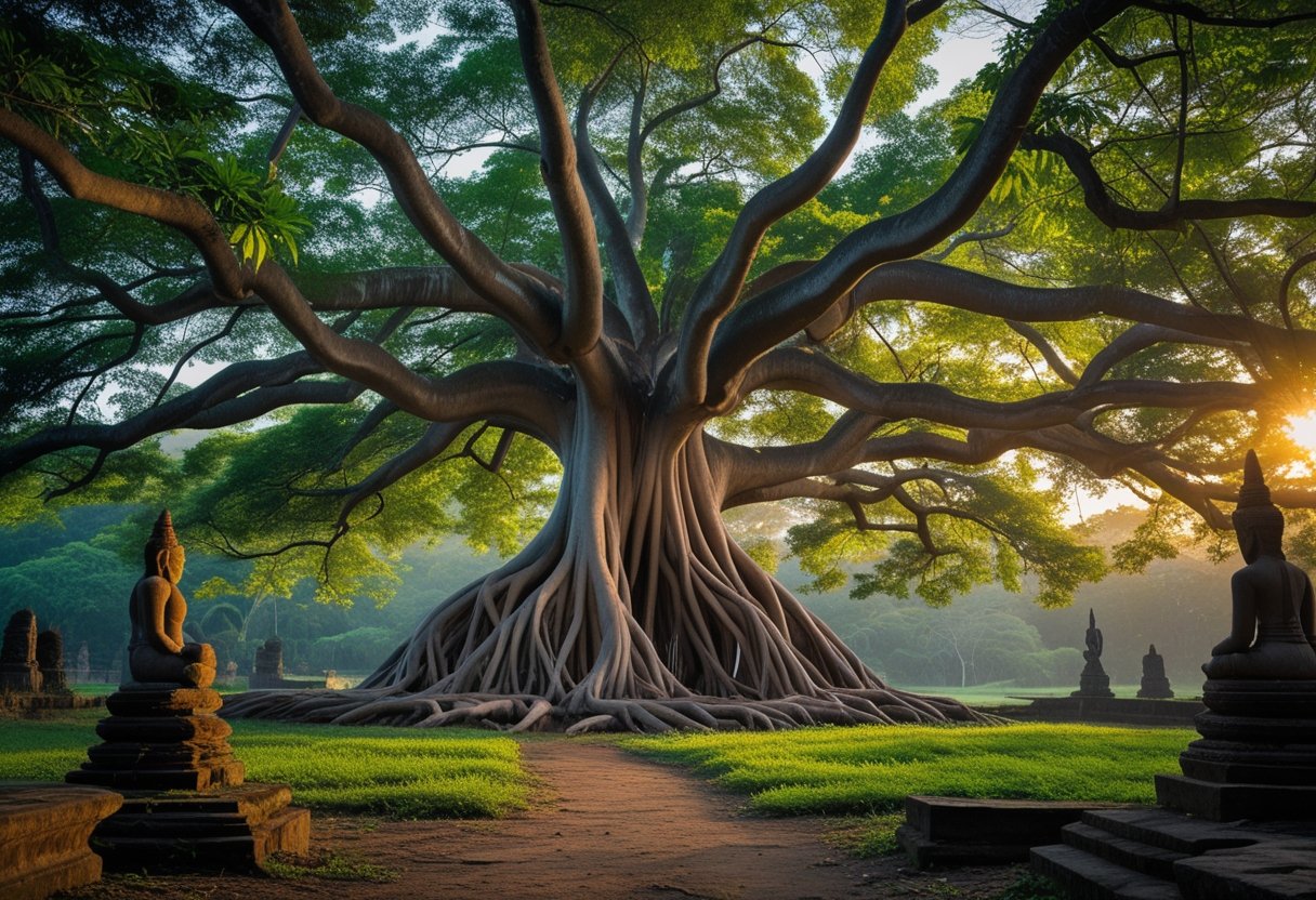 A large banyan tree with many aerial roots in a peaceful natural setting during sunset.