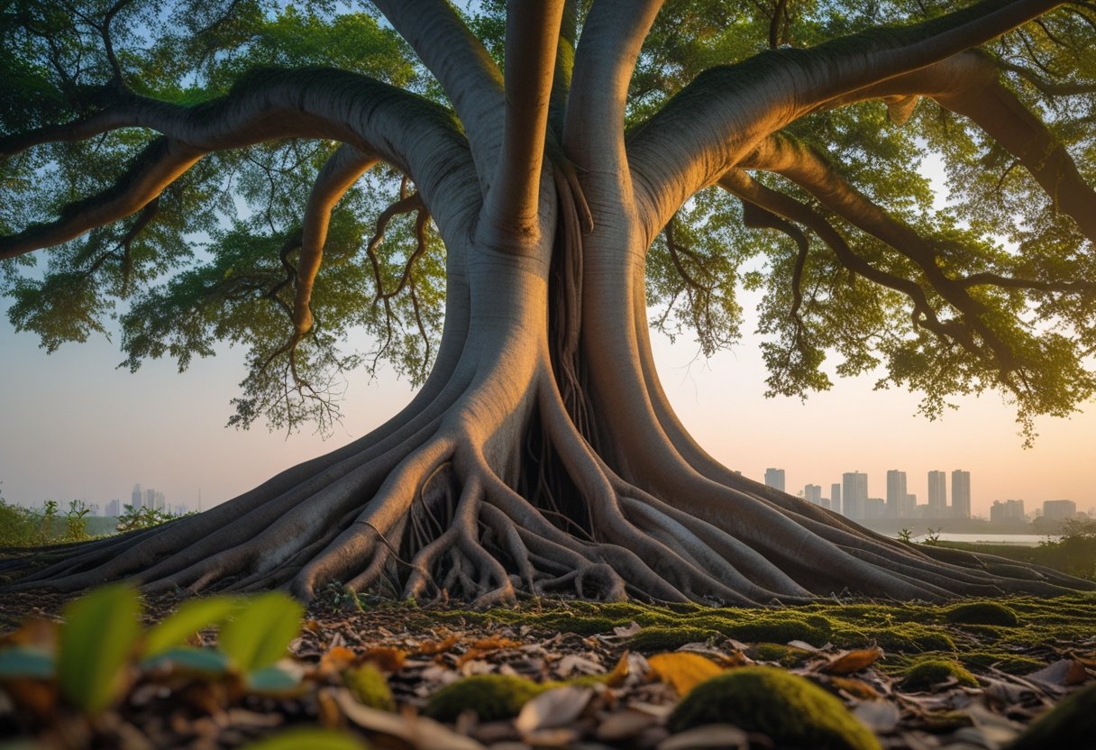 A large banyan tree with sprawling roots and thick trunk in a peaceful natural setting with sunlight filtering through its leaves.