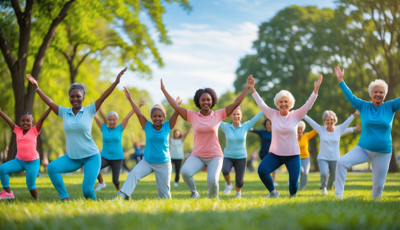 Sekelompok orang dari berbagai usia sedang melakukan senam kesehatan bersama di taman.