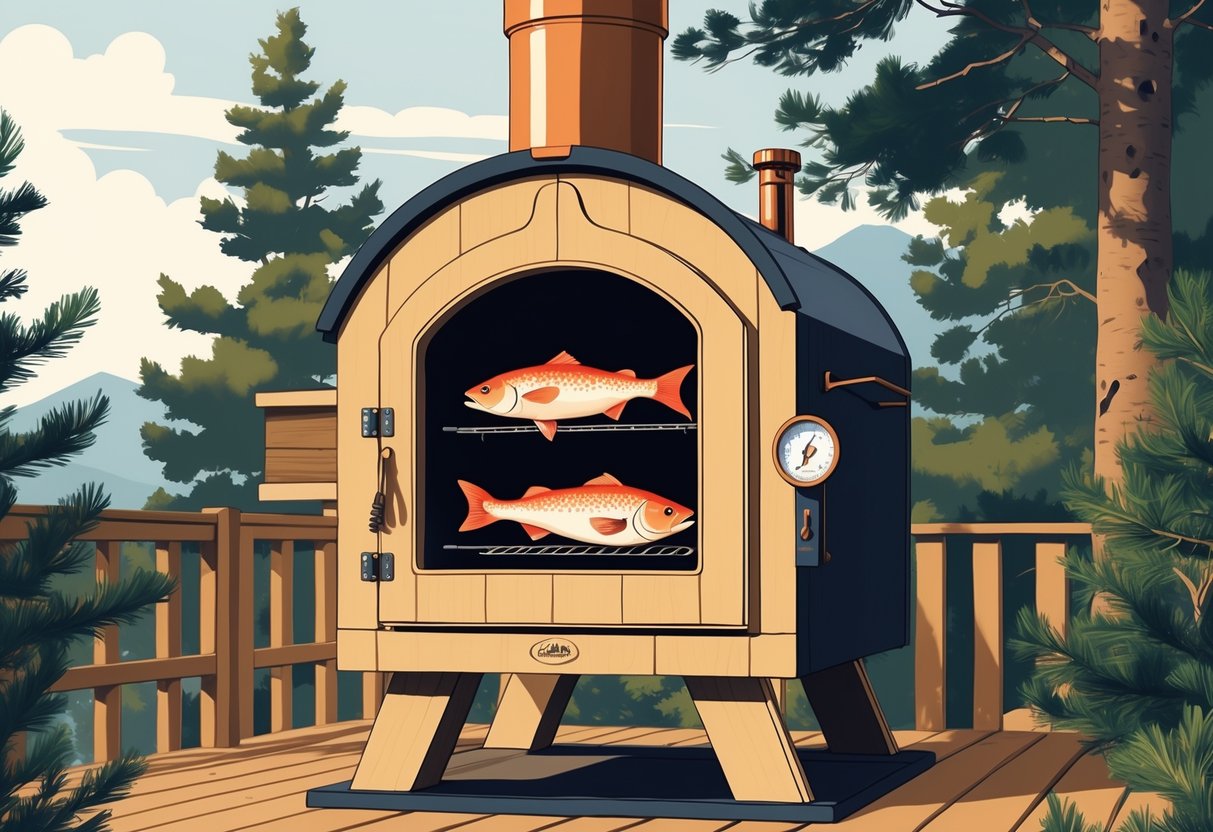 Røykovn utendørs med røyk som stiger fra skorsteinen, plassert i skogkant.