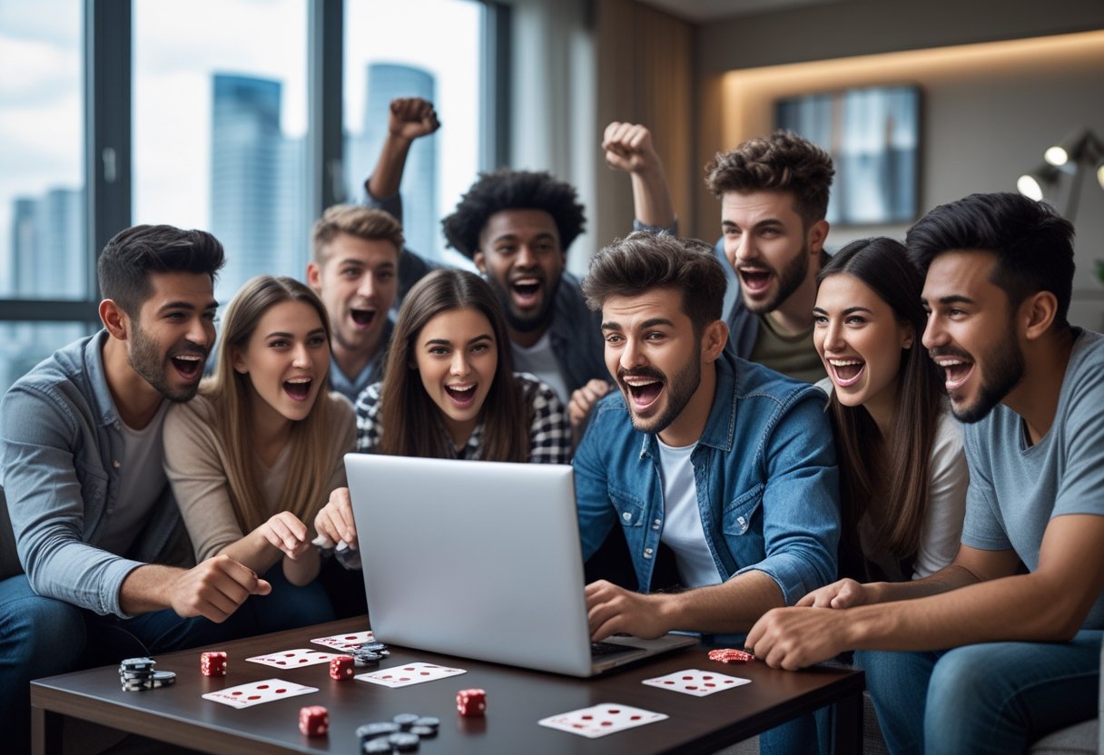 A group of young adults excitedly looking at a laptop with casino chips and playing cards on a table in a modern living room.