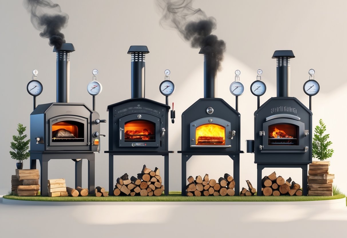 Ulike typer røykovner side om side: elektrisk, gass, kull/ved og pellets, med røyk som stiger fra noen modeller.