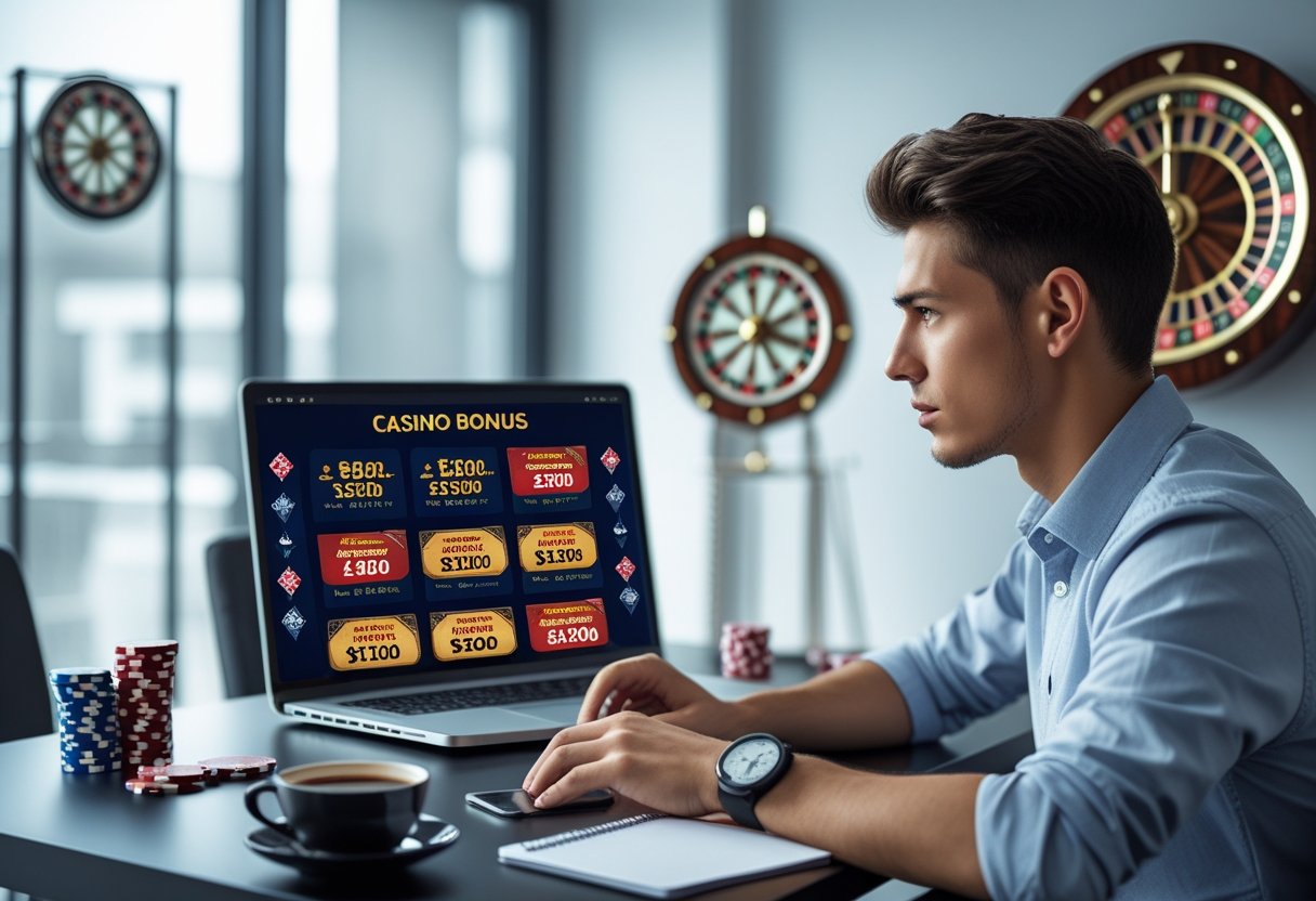 A person sitting at a desk looking at a laptop and smartphone with casino chips and cards nearby.