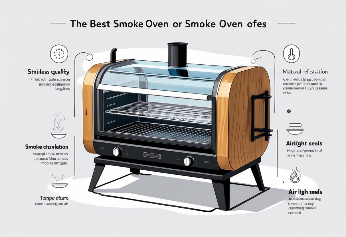 Tverrsnitt av en røykovn som viser materialer, rister, luftventiler og varme-/røyksoner.