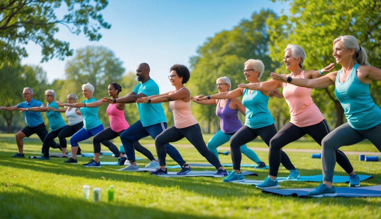 Sekelompok orang dewasa melakukan senam kesehatan bersama di taman hijau pada pagi hari.