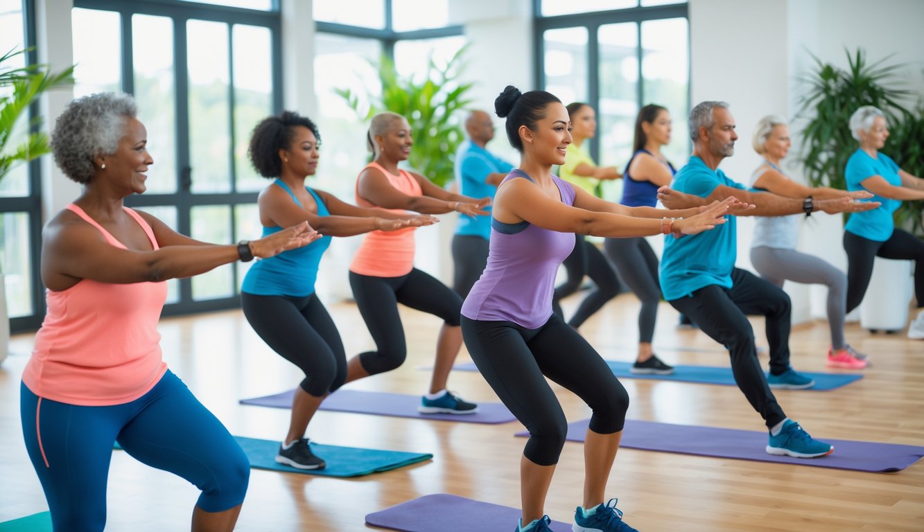 Sekelompok orang berolahraga bersama dalam ruangan terang dengan jendela besar, mengikuti instruktur senam kebugaran.