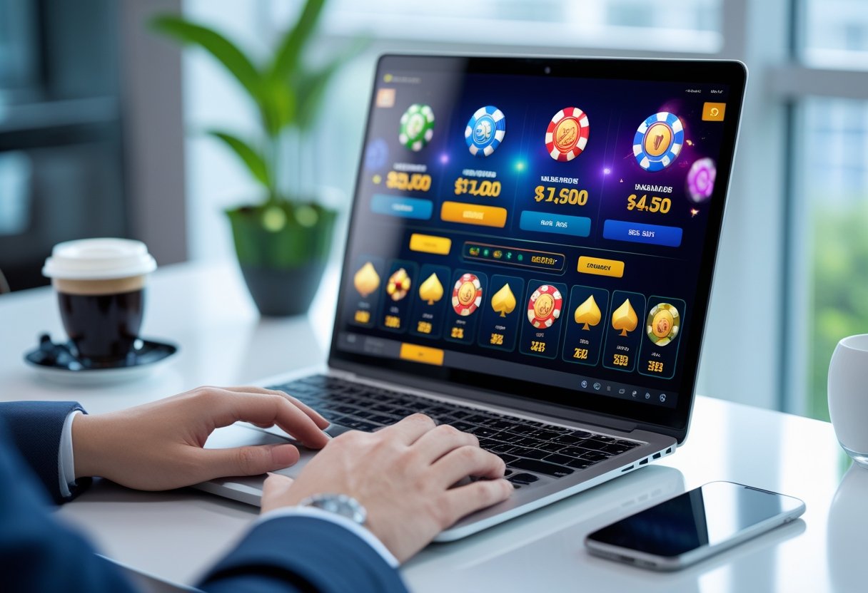 A person using a laptop showing an online casino website at a clean desk with a coffee cup and smartphone nearby.