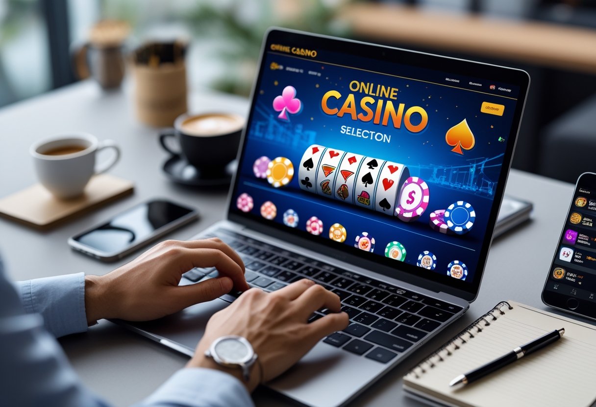 A person using a laptop displaying an online casino website, with poker chips and playing cards visible on the screen, surrounded by a smartphone, coffee cup, and notepad on a desk.