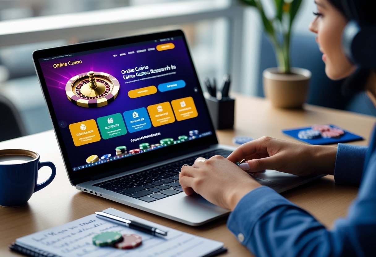 A person using a laptop at a desk with poker chips, playing cards, a notebook, and a cup of coffee nearby.