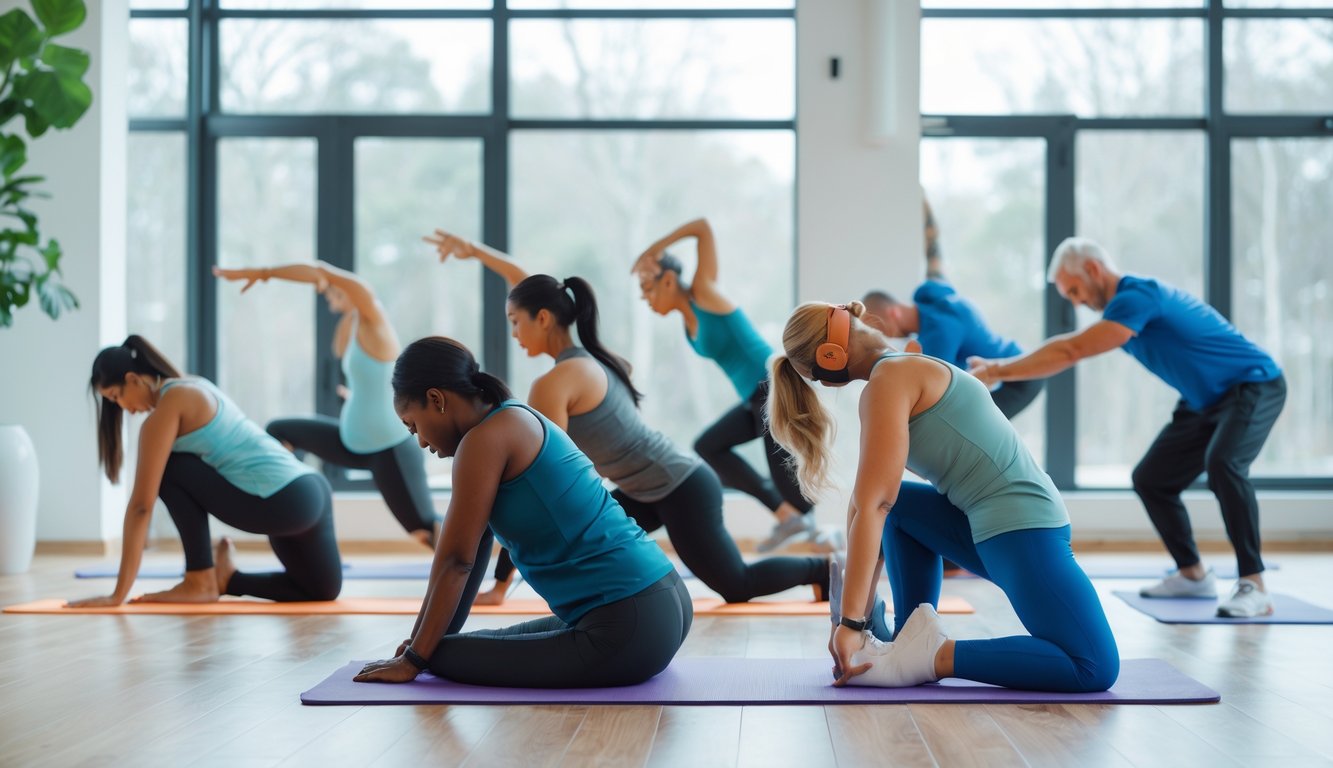Sekelompok orang melakukan peregangan tubuh di dalam studio kebugaran dengan pencahayaan alami.