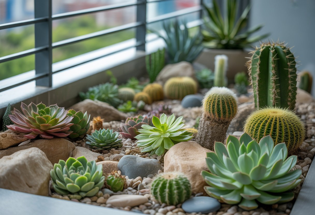 A balcony with a rock garden filled with various succulents and cacti arranged among natural stones.