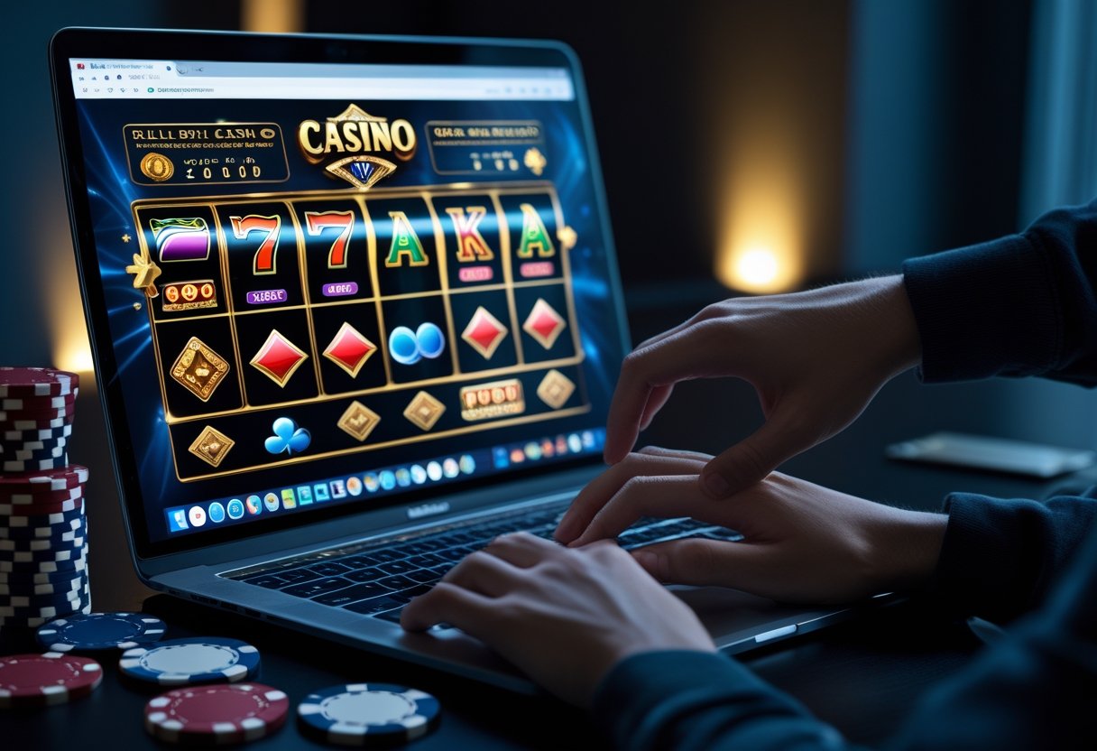 A person using a laptop showing an online casino website with another hand reaching towards the laptop, surrounded by poker chips and playing cards.