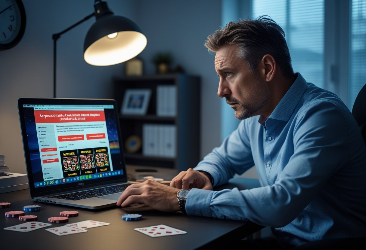 A man sitting at a desk looking worriedly at a laptop showing an online casino website, with playing cards and poker chips on the desk.