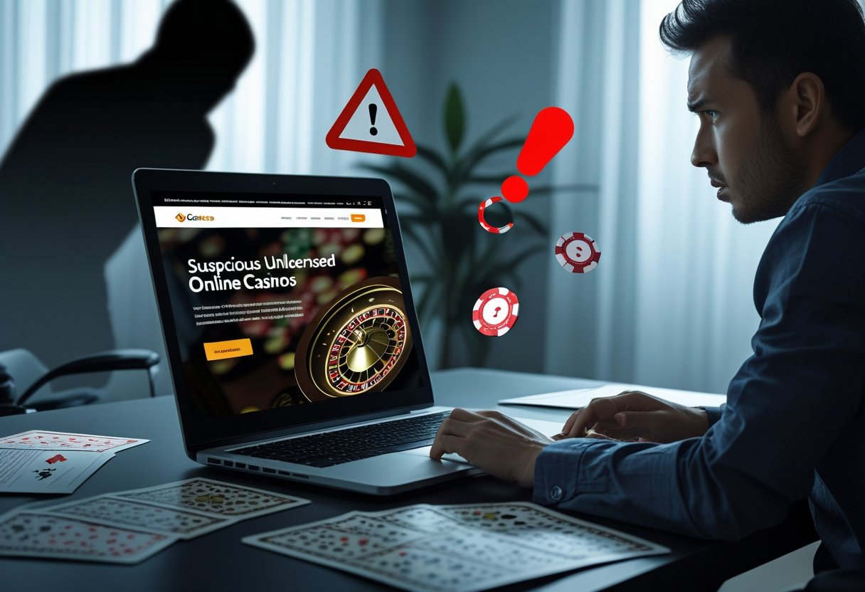 A person looking worried while using a laptop showing a suspicious online casino website, with symbols of fraud and caution around them.