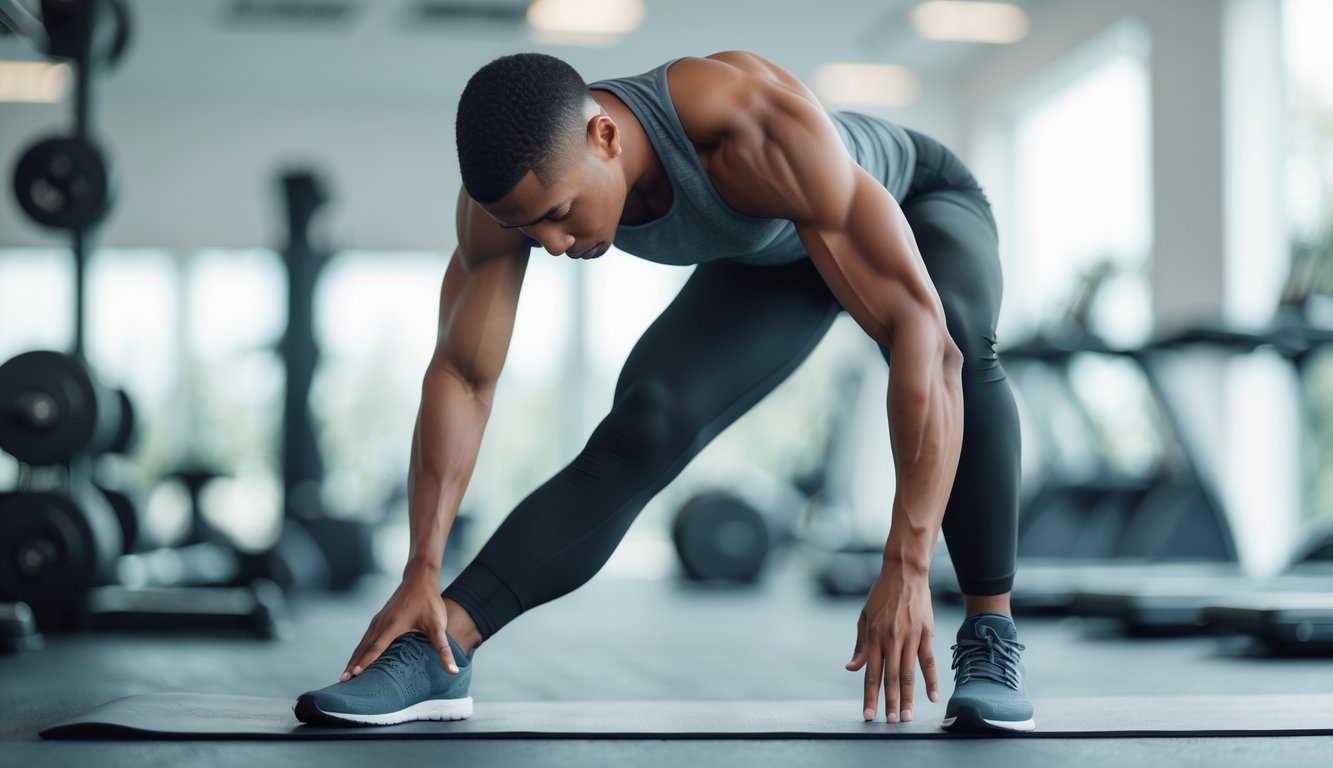 Seseorang melakukan peregangan otot yang benar dengan posisi berdiri di dalam gym.