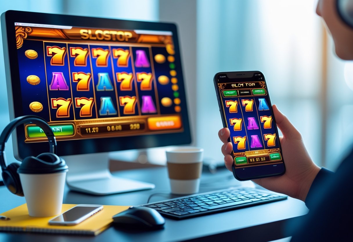 A person using a desktop computer and holding a smartphone, both showing slot machine games on their screens.