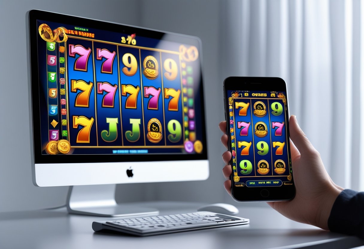 A desktop computer and a smartphone both displaying slot machine games side by side on a clean desk.