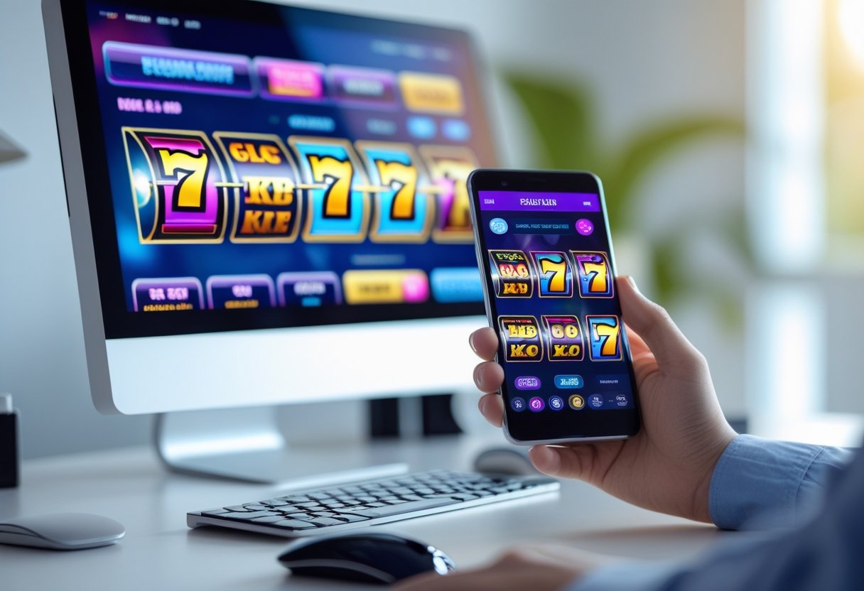 A desktop computer and a mobile phone side by side showing slot game screens in a modern workspace.