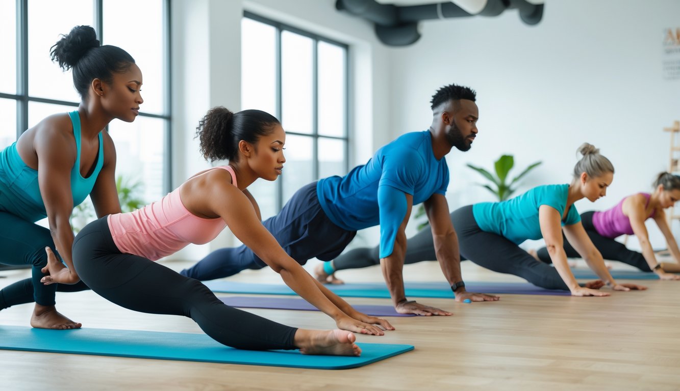Sekelompok orang melakukan peregangan seluruh tubuh di ruang olahraga dengan pencahayaan alami.