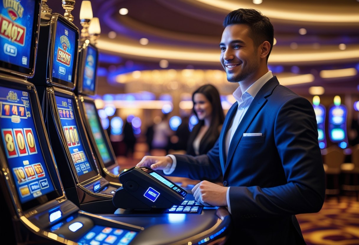 A casino interior with slot machines, a digital payment terminal, and a casino employee assisting a customer.