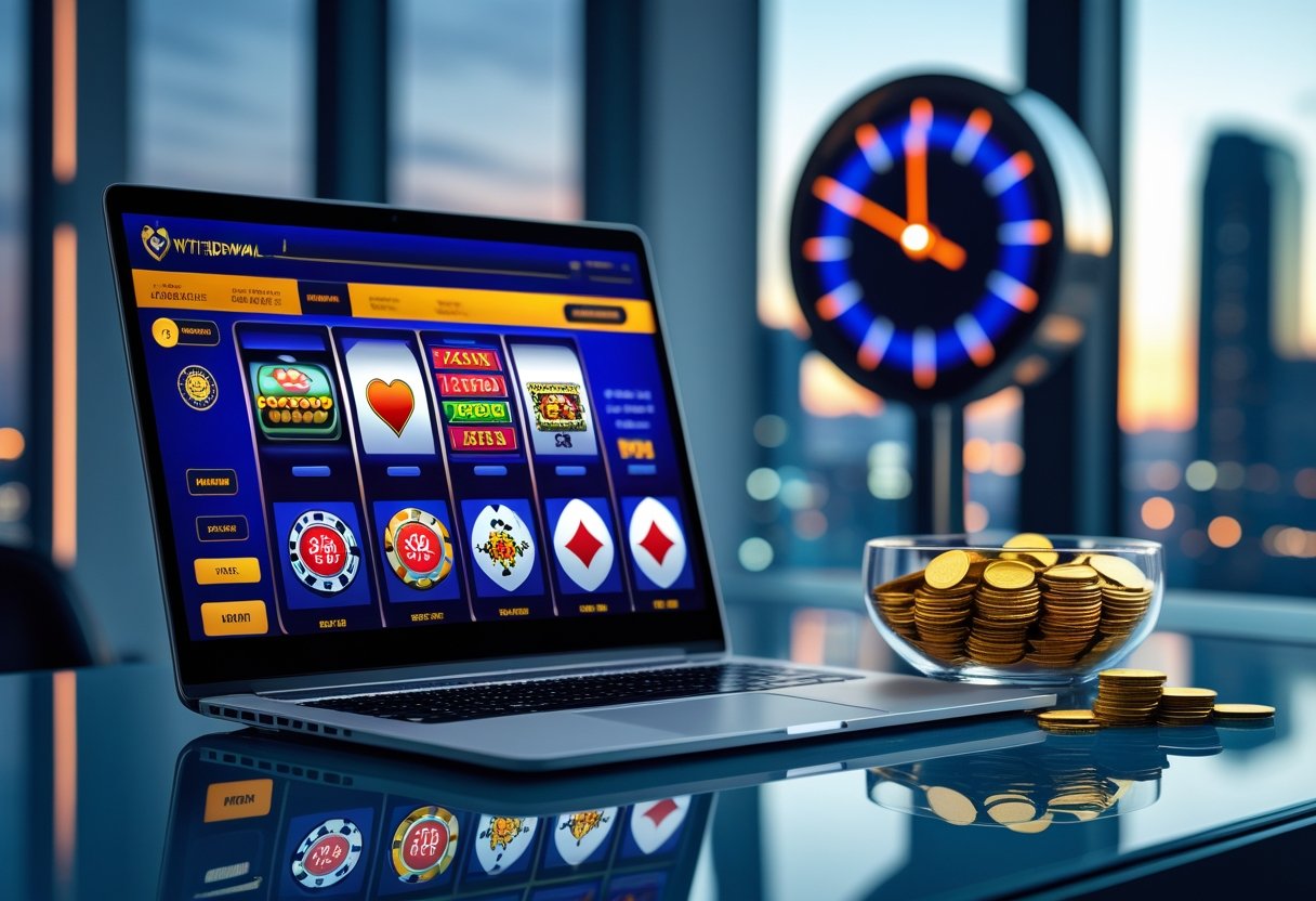 A laptop showing an online casino interface with poker chips and coins on a desk, a digital clock in the background indicating speed.