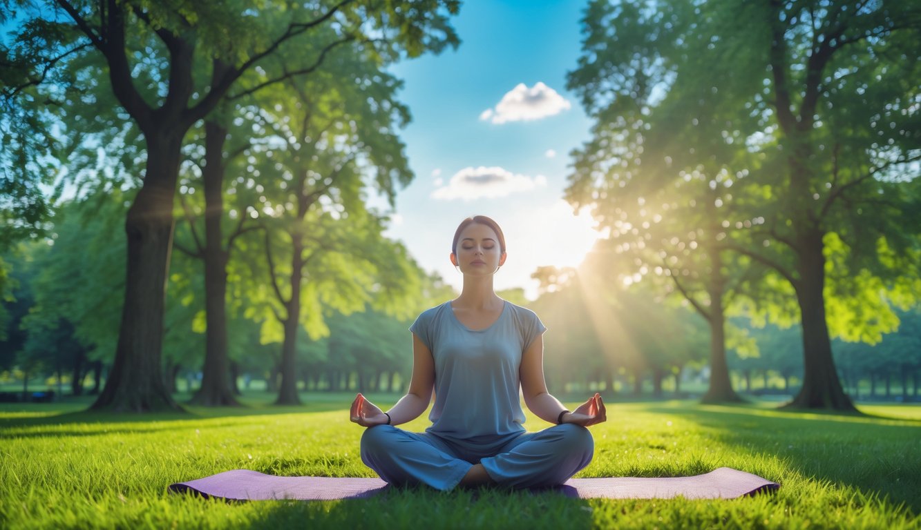 Seseorang duduk bersila di taman hijau sambil bermeditasi dengan mata tertutup dan ekspresi tenang.