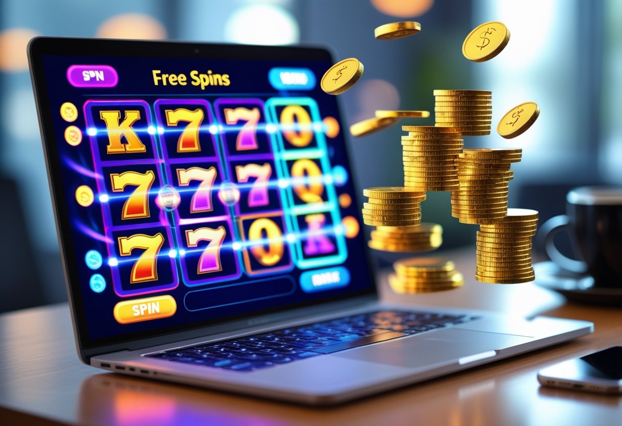 A laptop showing spinning slot reels on one side and digital money symbols on the other, placed on a wooden table with a smartphone and coffee cup nearby.