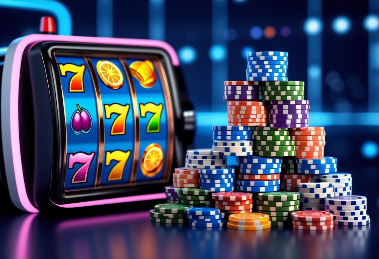 A split scene showing a spinning slot machine reel on one side and a stack of casino chips with money bills on the other side.