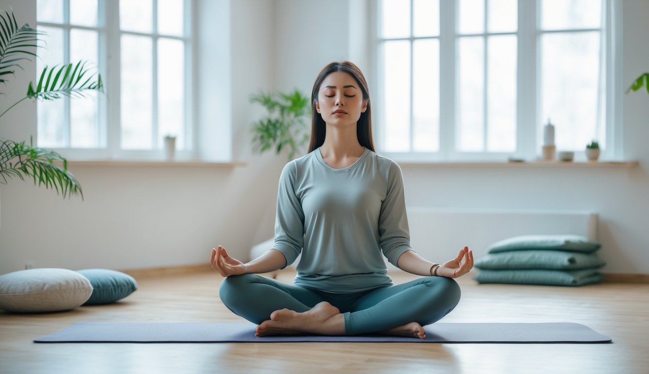 Seorang wanita duduk bersila dengan mata tertutup di dalam ruangan terang, bermeditasi dengan tenang.