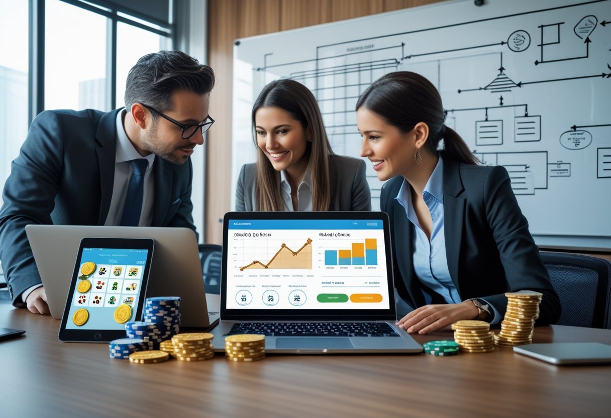 Two business professionals discussing charts and gambling-related items like poker chips and playing cards in an office setting.