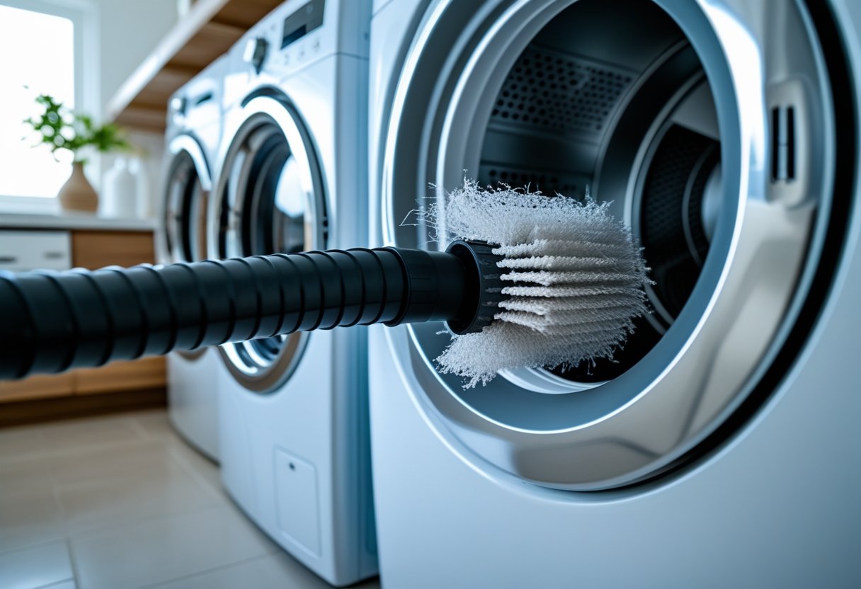 A technician cleaning a dryer vent with a brush and vacuum in a bright laundry room.