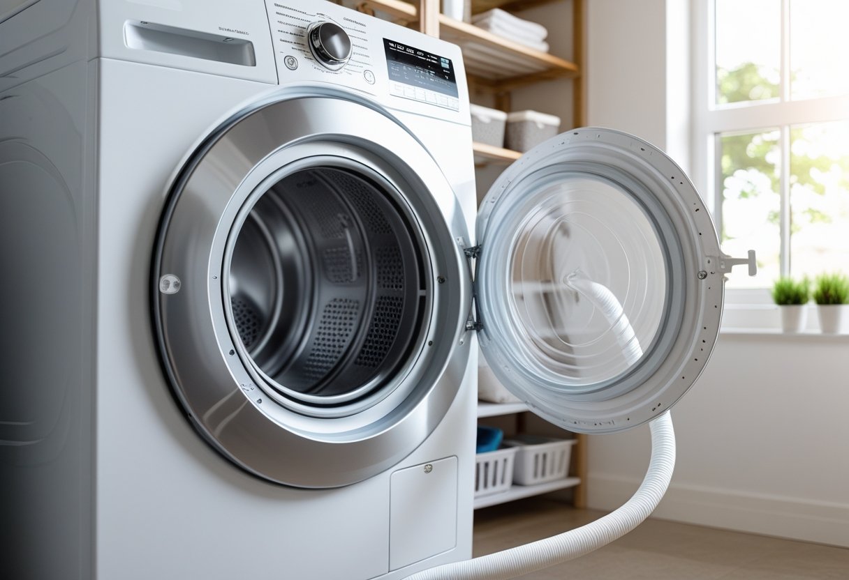 A clean laundry room with a white dryer in operation and a spotless vent hose connected, surrounded by organized shelves and natural light.