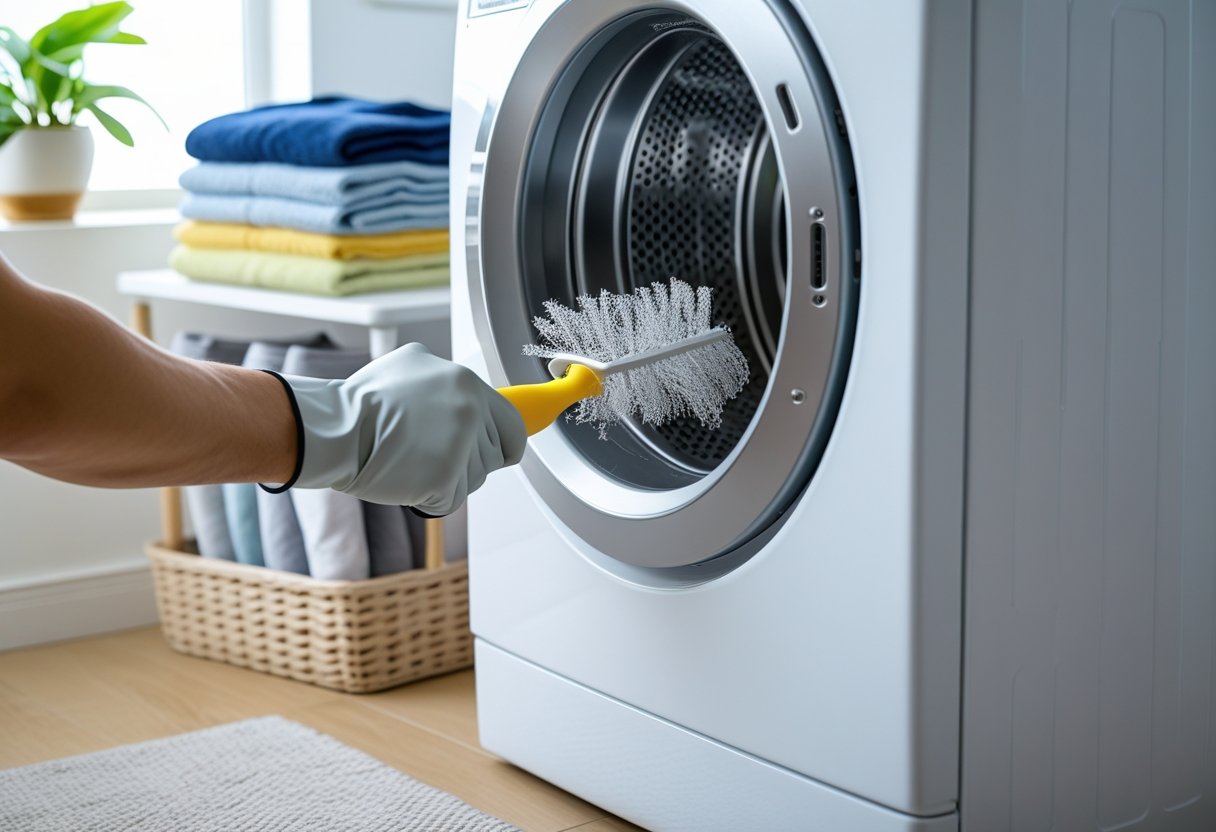 Person cleaning a dryer vent with a brush in a bright laundry room with a white dryer and folded clothes.
