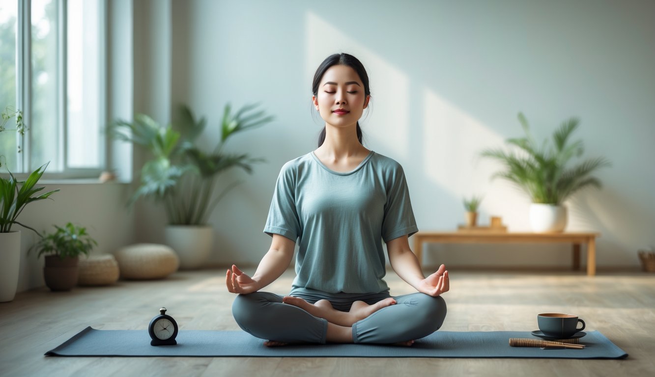Seorang wanita duduk bersila dengan mata tertutup di dalam ruangan yang tenang, dikelilingi oleh tanaman dan alat meditasi sederhana.