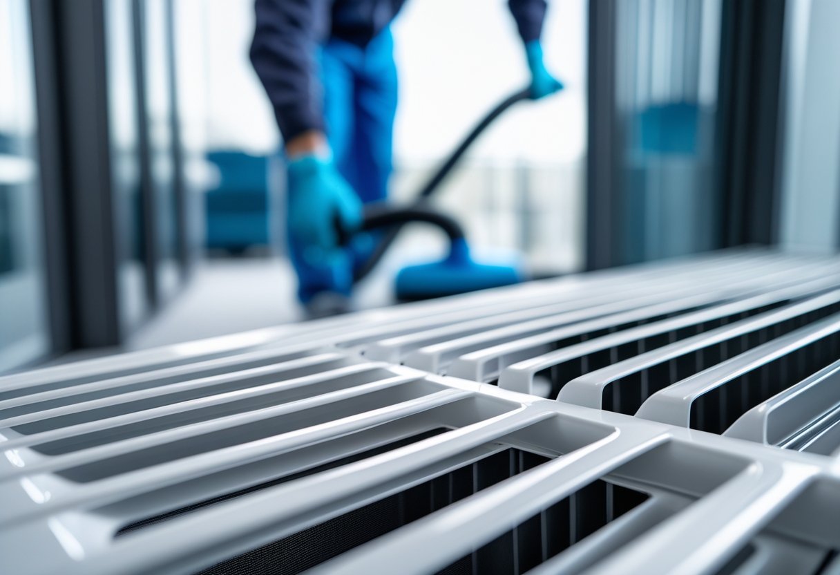 Close-up of a clean air vent with a technician cleaning it in a modern indoor setting.
