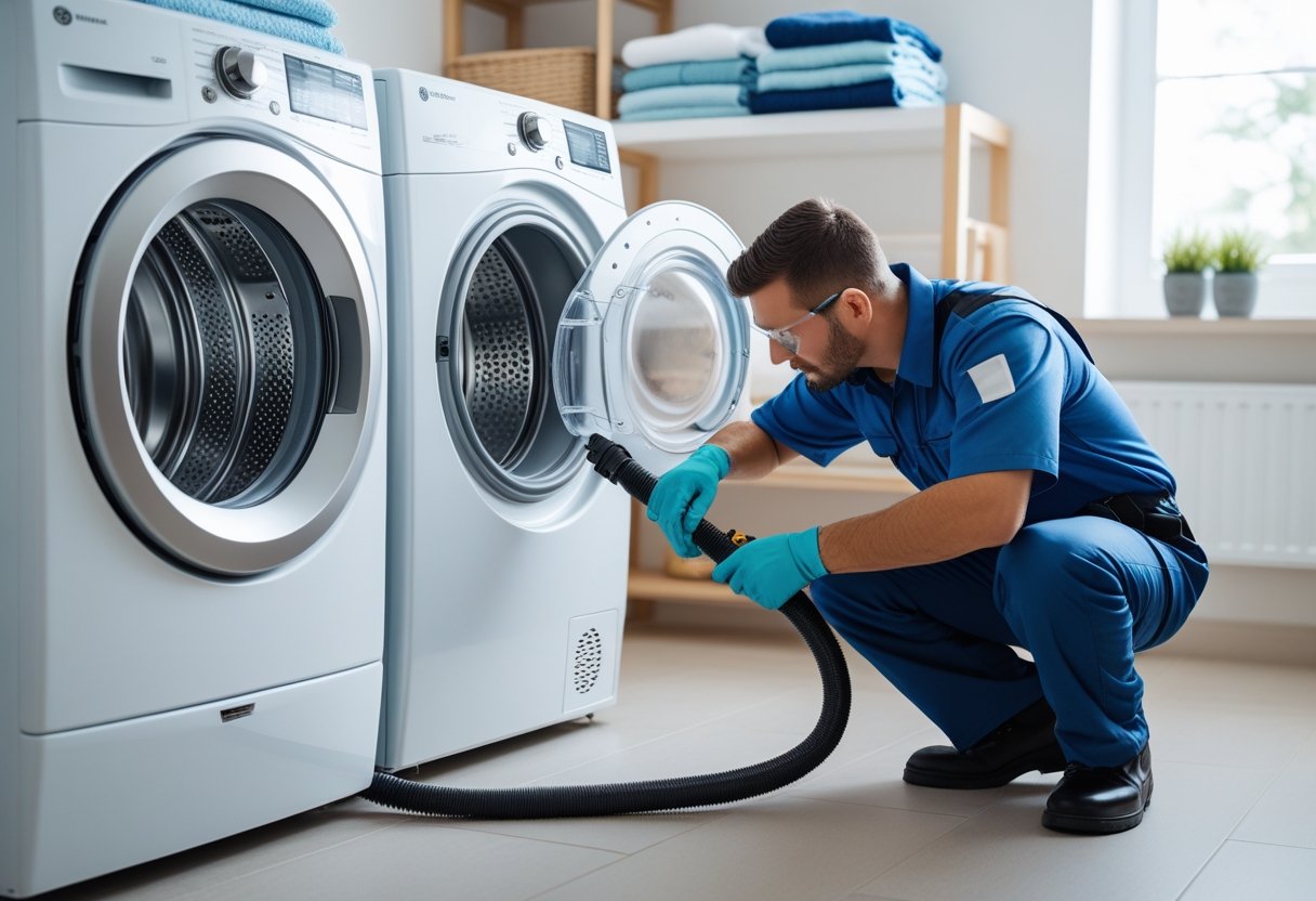 A technician cleaning a dryer vent hose next to a front-loading dryer with clothes inside in a bright laundry room.