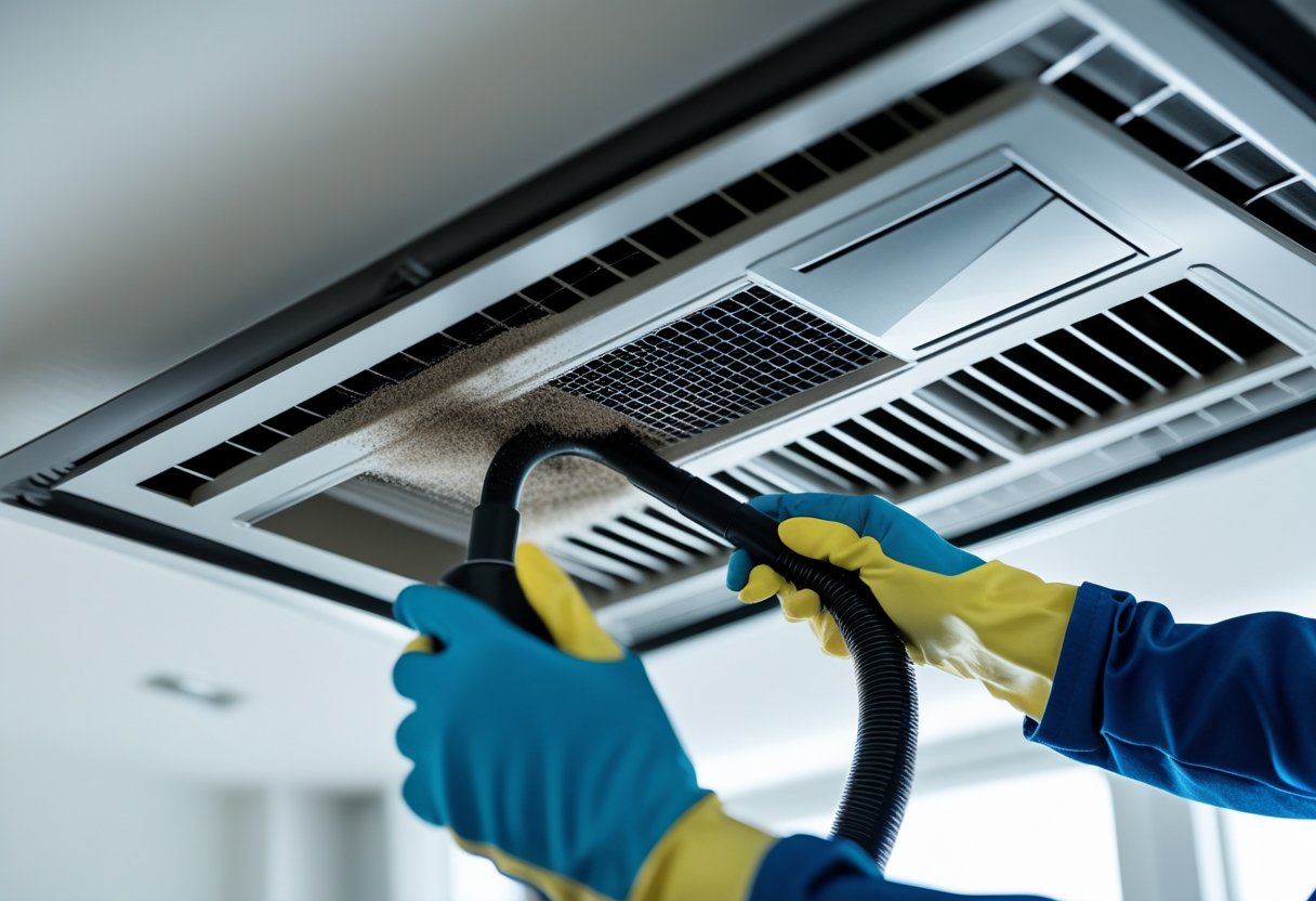 Technician cleaning a modern HVAC vent with a vacuum tool in a bright indoor setting.
